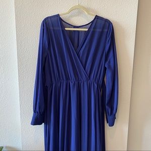 Sheer Blue Long Cuff Sleeve Floor Length Dress